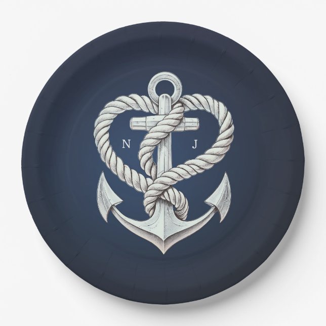 Hochzeit der Nautic Heart Rope Anchor Coastal Navy Pappteller (Vorderseite)