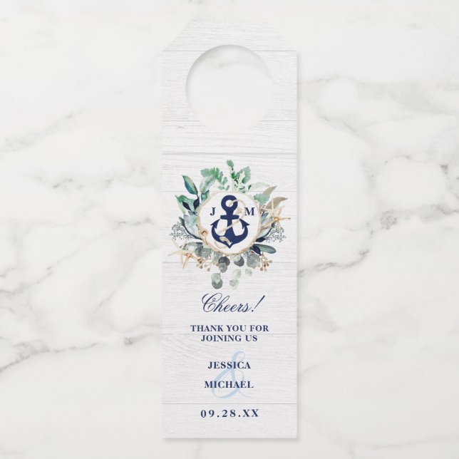 Hochzeit der Nautic Watercolor Wreath Anchor Navy Flaschenanhänger (Vorderseite)