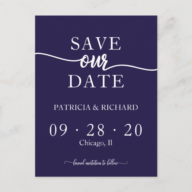 Hochzeit der Navy Blue Chic Calligrafy Save the Da Postkarte (Vorderseite)