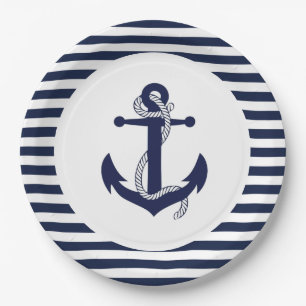 Hochzeit der Navy Blue und White Striped Anchor. Pappteller