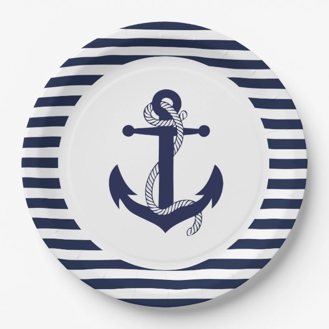 Hochzeit der Navy Blue und White Striped Anchor. Pappteller (Vorderseite)