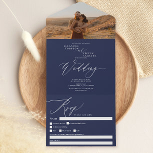 Hochzeit der Navy-Boho-Foto-Chic-Kalligrafie All In One Einladung