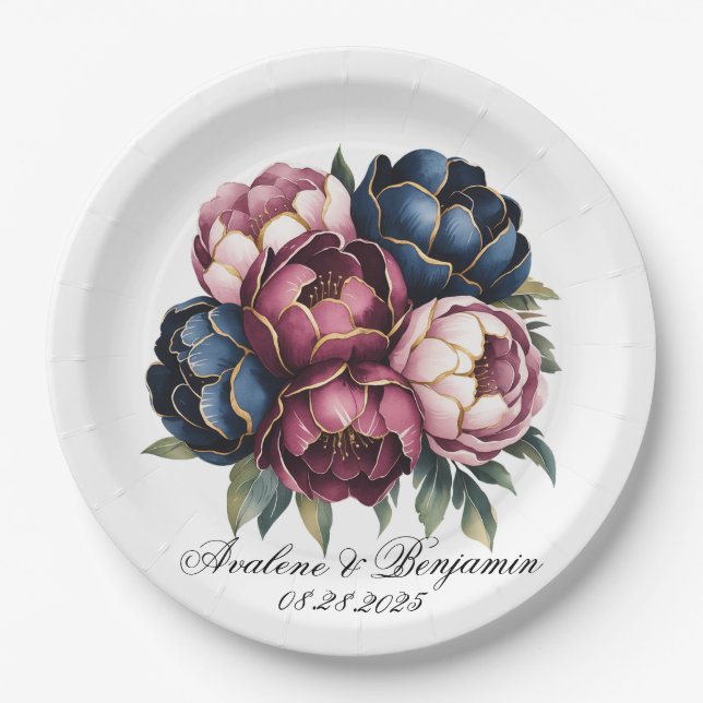 Hochzeit der Navy Burgundy Blush Pink Peony Pappteller (Vorderseite)