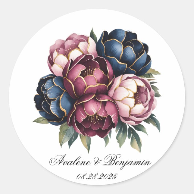 Hochzeit der Navy Burgundy Blush Pink Peony Runder Aufkleber (Vorderseite)