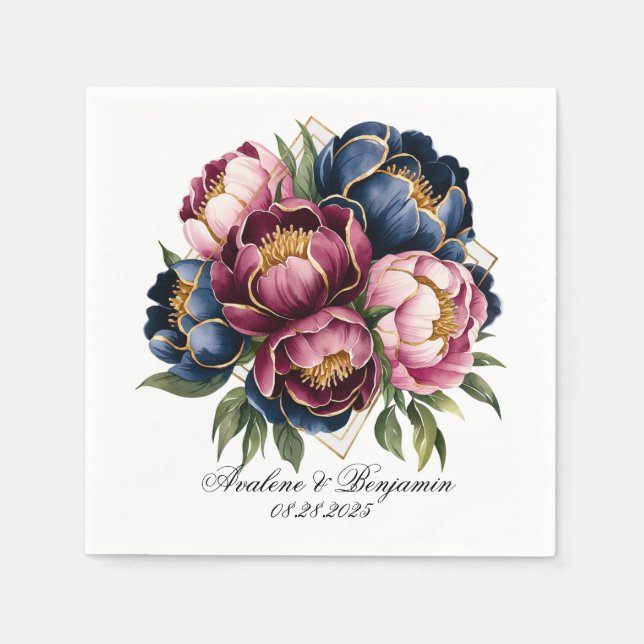 Hochzeit der Navy Burgundy Blush Pink Peony Serviette (Vorderseite)