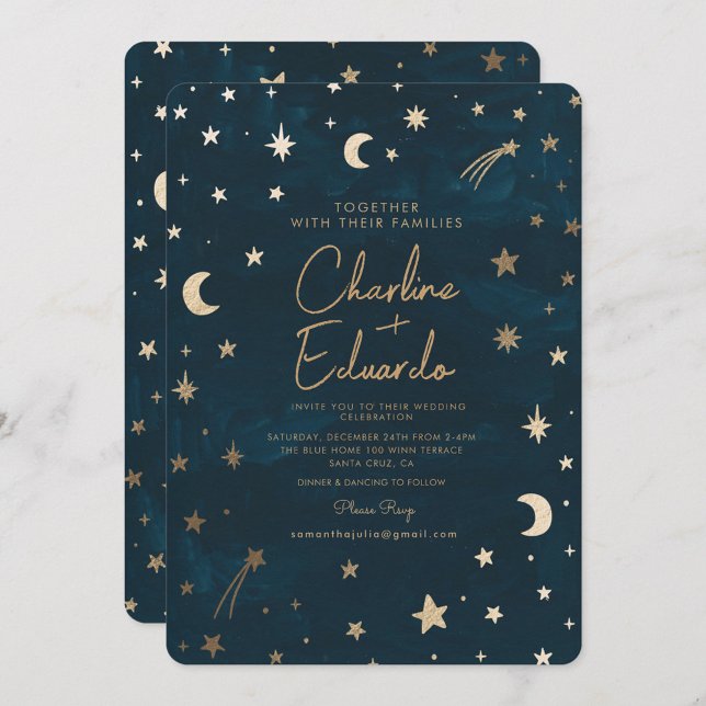 Hochzeit der Navy Celestial Gold Stars Moon Astron Einladung (Von Creator hochgeladen)