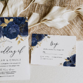 Hochzeit der Navy mit Blue & Gold Floral RSVP Karte