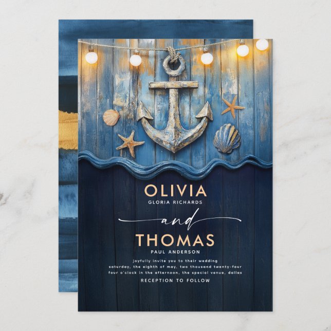 Hochzeit der Navy mit Blue und Gold Anchor Einladung (Vorne/Hinten)