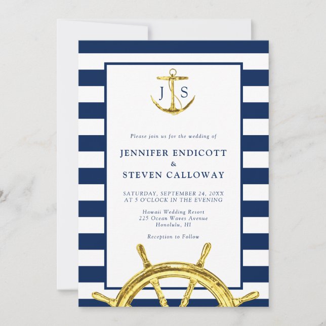 Hochzeit der Navy mit Blue und Gold Anchor Einladung (Vorderseite)