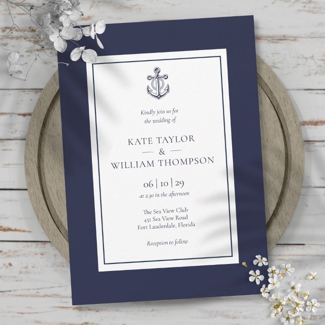 Hochzeit der Navy mit weißem und blauem Anker Einladung (Nautical Navy Blue And White Anchor Wedding Invitation)