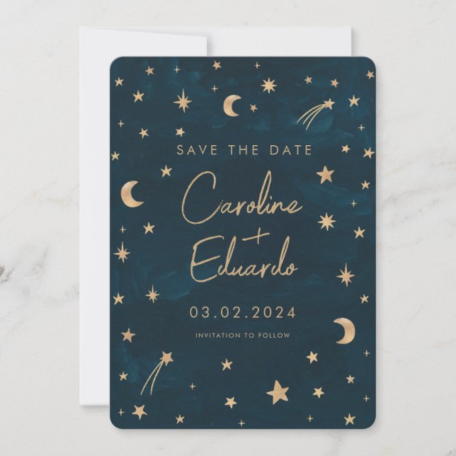Hochzeit der Navy Mystical Gold Stars Moon Astrono Save The Date (Vorderseite)