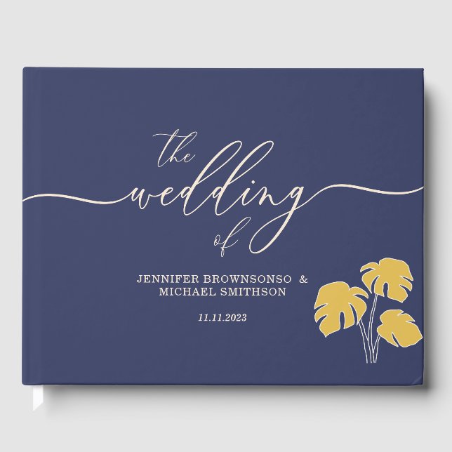 Hochzeit der Navy Palm Tropical Floral Gästebuch (Vorderseite)
