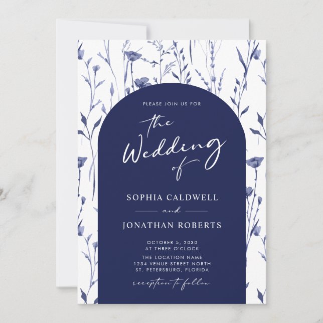 Hochzeit der Navy Wildblumen Trendy Arch Calligrap Einladung (Vorderseite)