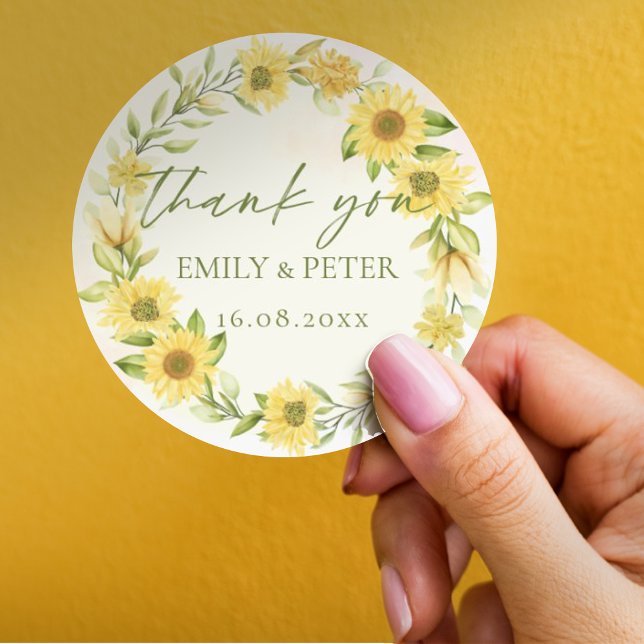 Hochzeit der niedlichen Gelbblütenblume (Hochzeit) Runder Aufkleber (Cute Yellow Sunflower Floral Wedding Thank You Classic Round Sticker)