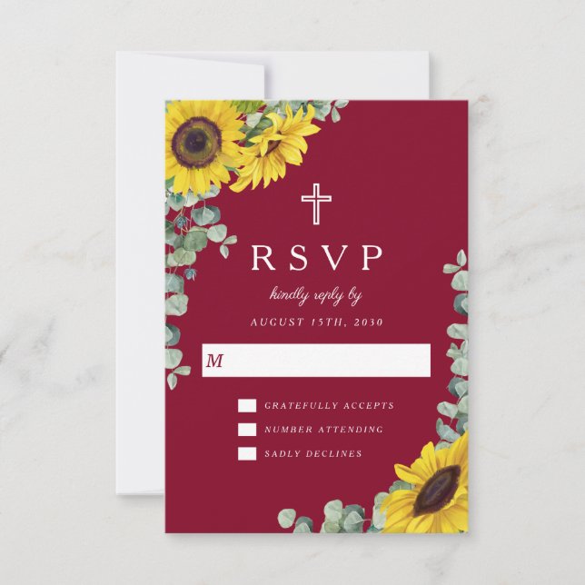Hochzeit der religiösen Cross Burgundy-Blütenblume RSVP Karte (Vorderseite)