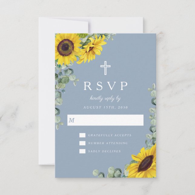 Hochzeit der religiösen Cross Dusty Blue Sonnenblu RSVP Karte (Vorderseite)