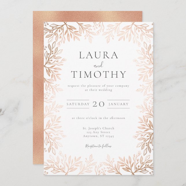 Hochzeit der Rose Gold Floral Border Typografy Einladung (Vorne/Hinten)