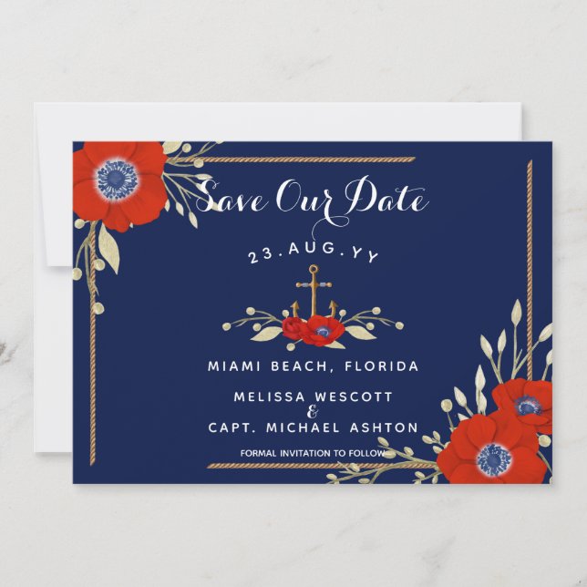 Hochzeit der roten weißen und blauen Marine Save The Date (Vorderseite)