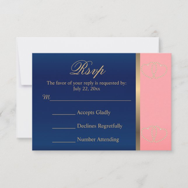 Hochzeit der RSVP Card Coral & Navy mit Gold Heart (Vorderseite)