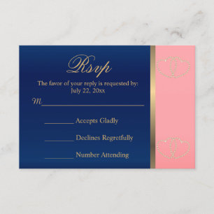 Hochzeit der RSVP Card Coral & Navy mit Gold Heart Karte