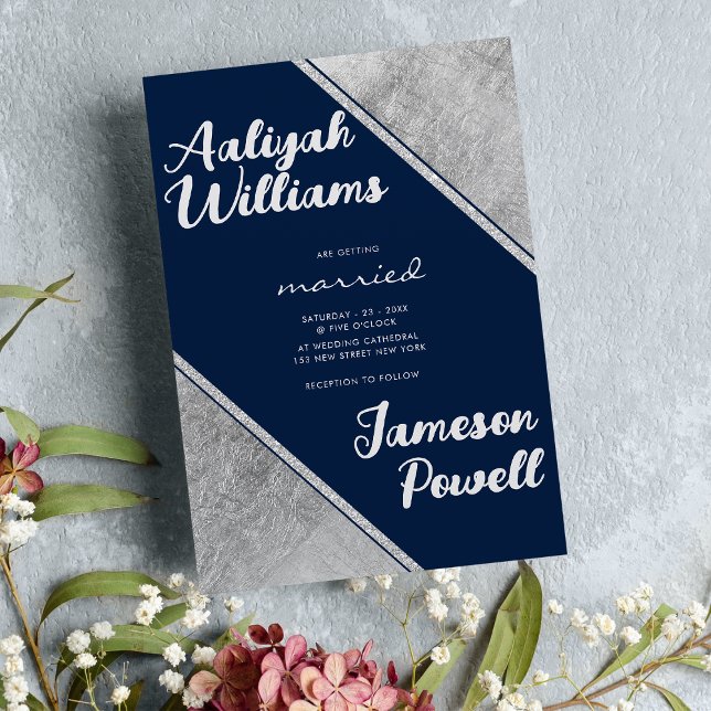 Hochzeit der Silbernavy-Kalligraphie Einladung (Silver navy blue script calligraphy wedding)