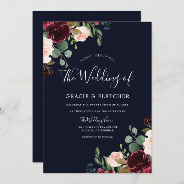 Hochzeit der tiefen Navy mit Botanischem Blush Einladung (Vorne/Hinten)