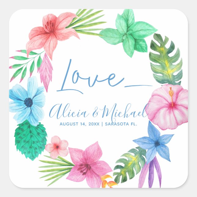 Hochzeit der tropischen Liebe Beach Hawaiian Quadratischer Aufkleber (Vorderseite)
