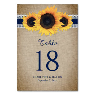 Hochzeit der Vintagen Burlap-Sonnenblume in Navy B Tischnummer
