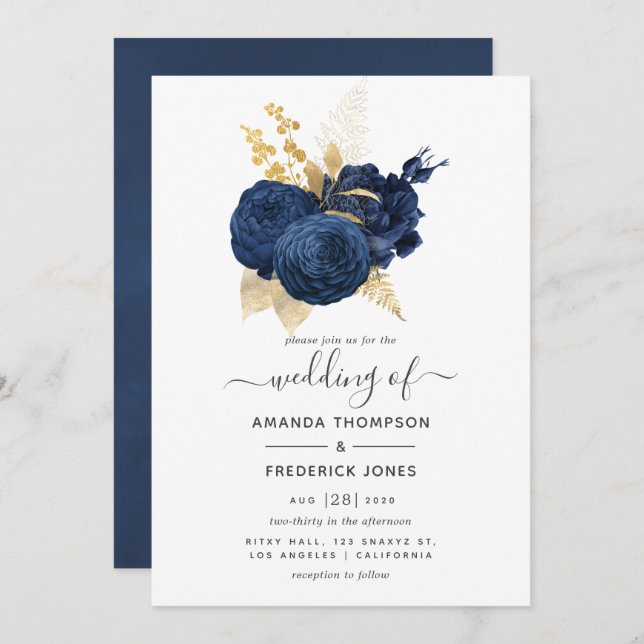 Hochzeit der Vintagen Navy und Gold Rose Einladung (Vorne/Hinten)