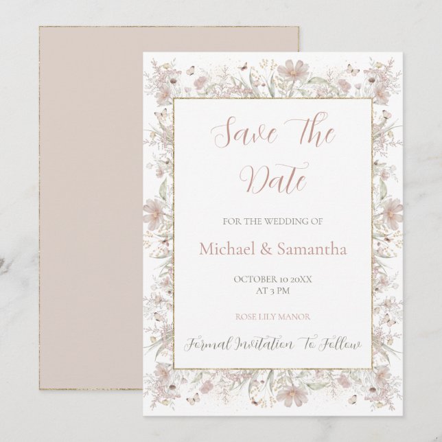 Hochzeit der Wildblume Blush and Sage Save The Date (Vorne/Hinten)
