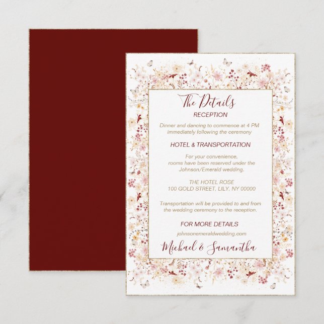 Hochzeit der Wildblume Burgund und Blush Begleitkarte (Vorne/Hinten)