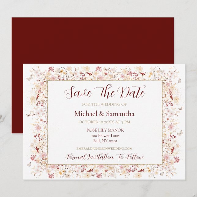 Hochzeit der Wildblume Burgund und Blush Save The Date (Vorne/Hinten)