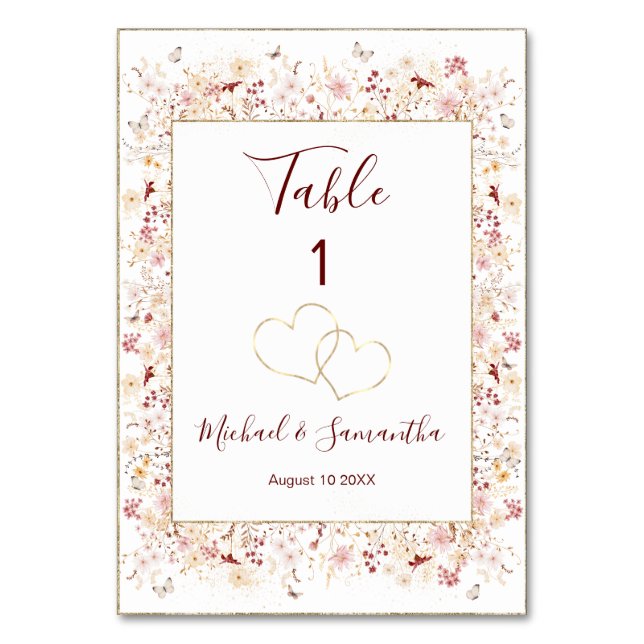 Hochzeit der Wildblume Burgund und Blush Tischnummer (Vorderseite)