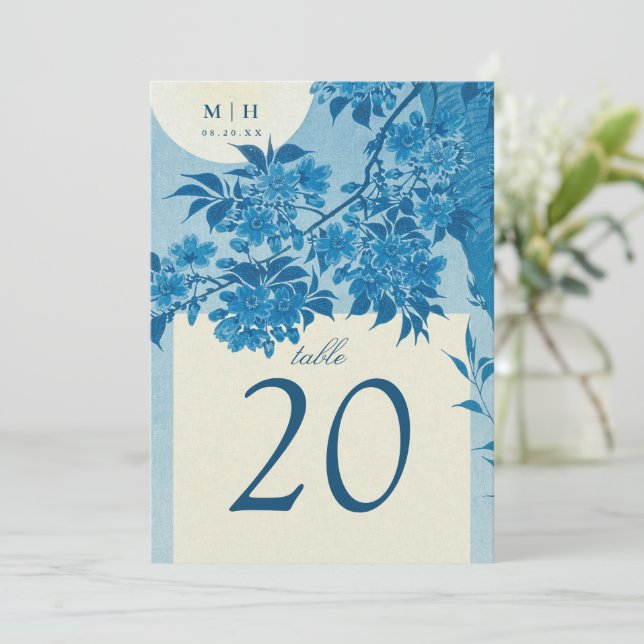 Hochzeit des antiken japanischen Blauen Kirschblos Einladung (Stehend Vorderseite)