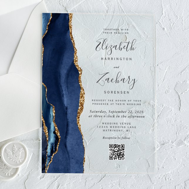 Hochzeit des Blue Gold Agate QR Code Acryleinladungen (Von Creator hochgeladen)