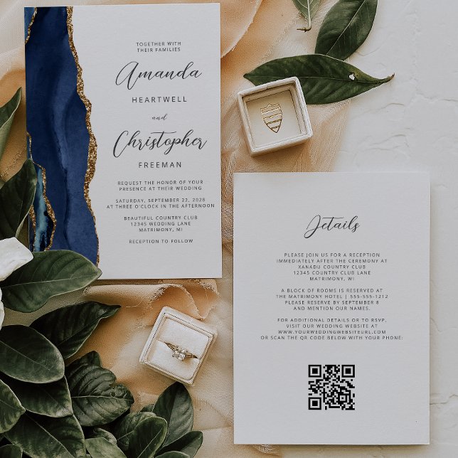 Hochzeit des Blue Gold Agate QR Code Einladung (Von Creator hochgeladen)