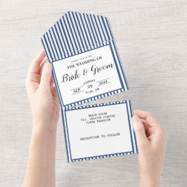 Hochzeit des Blue Stripe Coastal Beach All In One Einladung