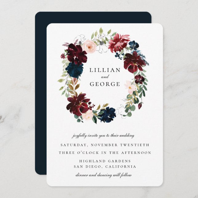 Hochzeit des Blumenkreides von Navy Burgund Einladung (Vorne/Hinten)