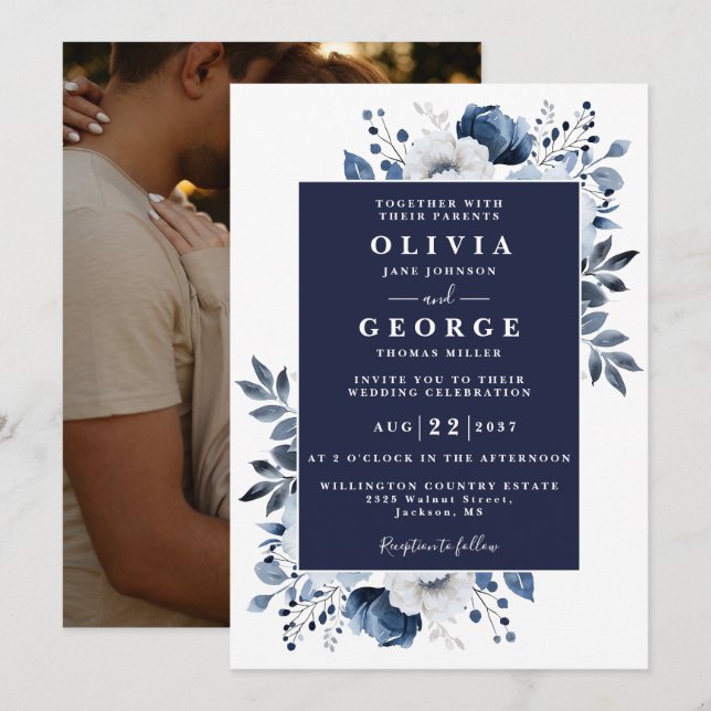 Hochzeit des botanischen Fotos mit blauer Eleganz Einladung (Vorne/Hinten)