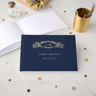 Hochzeit des botanischen Wappen in Navy & Gold Gästebuch