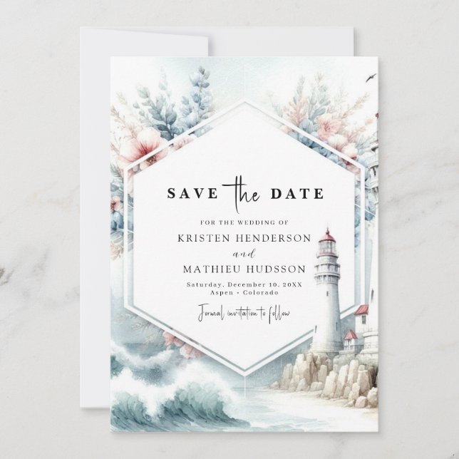 Hochzeit des digitalen Printable Charm Lighthouse Save The Date (Vorderseite)