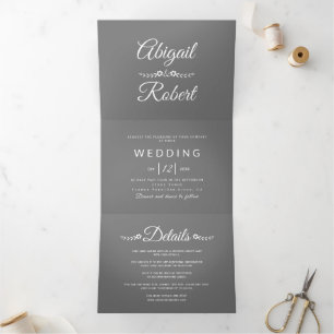 Hochzeit des eleganten grauen, weißen typografisch dreifach gefaltete einladung