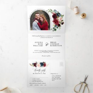 Hochzeit des Fotos Burgundy Navy Blush Dreifach Gefaltete Ankündigung
