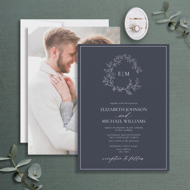 Hochzeit des Fotos Mongram mit blauem Wappen Einladung (Von Creator hochgeladen)