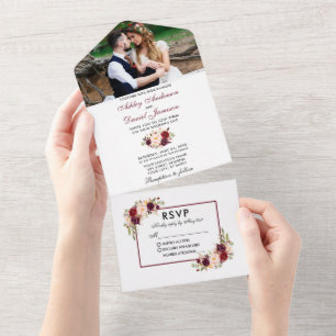 Hochzeit des Fotos "Watercolor Burgund" All In One Einladung