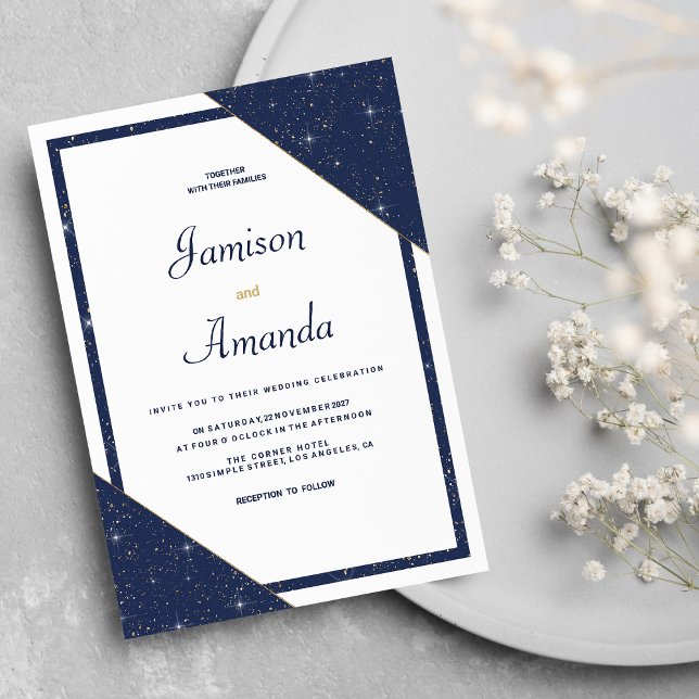 Hochzeit des geometrischen Glitzer Einladung (Geometric navy blue white gold glitter Wedding)