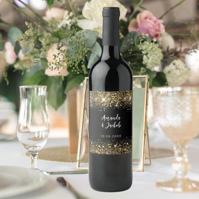 Hochzeit des Glitzer Schwarzes Gold Weinetikett (Von Creator hochgeladen)