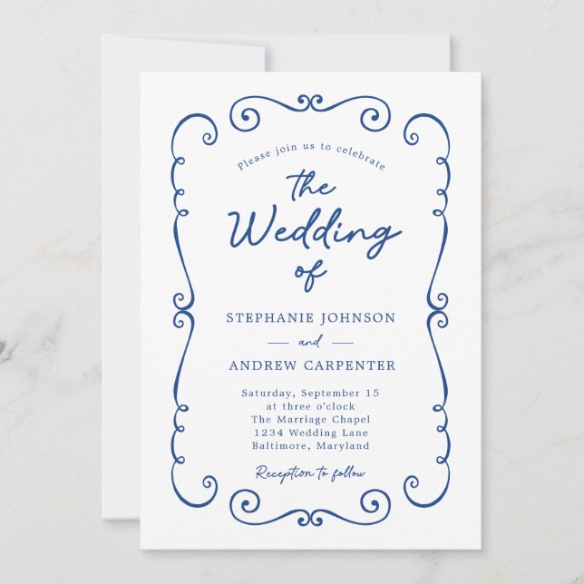 Hochzeit des handgezogenen Doodle Border QR Code Einladung (Vorderseite)