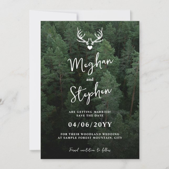 Hochzeit des Hirschwaldes-Pinienwaldes Save The Date (Vorderseite)