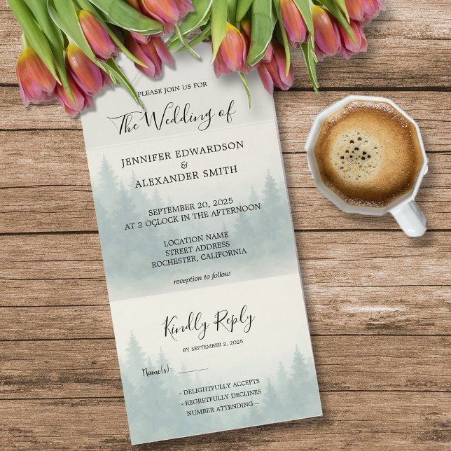 Hochzeit des Kiefernwaldes All In One Einladung (Watercolor pine tree forest wedding all in one invitation. Wedding invitation and RSVP card in one.)